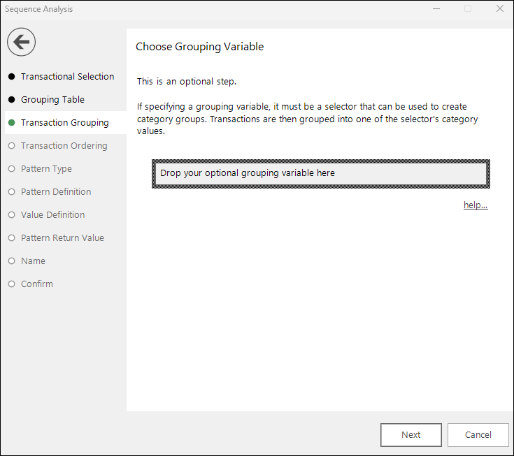 Transaction grouping step showing the grouping selector variable drop zone