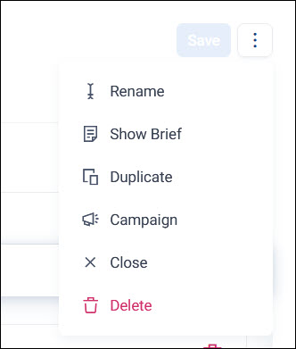 Page options menu Page options menu showing Rename, Show Brief, Duplicate, Campaign, Close, and Delete