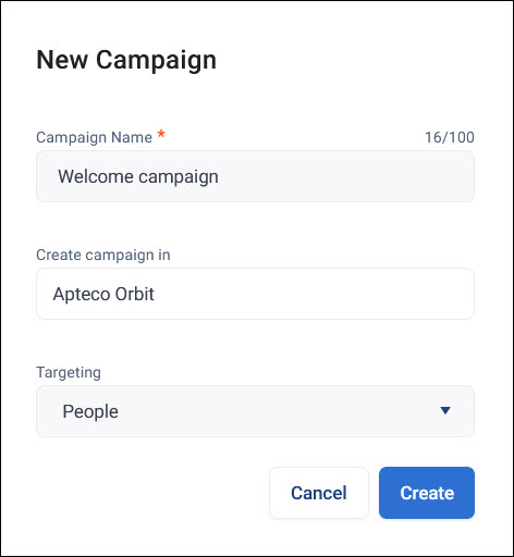 New Campaign dialog New Campaign dialog with Campaign Name, Create campaign in, and Targeting fields