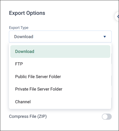 Export Options with the Export Type list open, showing Download, FTP, Public File Server Folder, Private File Server Folder, and Channel