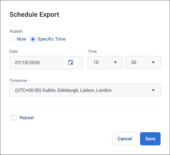 Schedule Export Schedule Export dialogue with Publish set to Specific Time, and Date, Time, Timezone, and Repeat