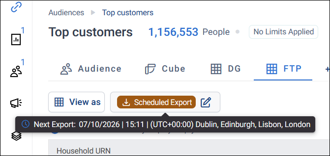 Scheduled Export indicator Scheduled Export indicator in the data grid page header, with an edit icon and a tooltip showing the next export date and time