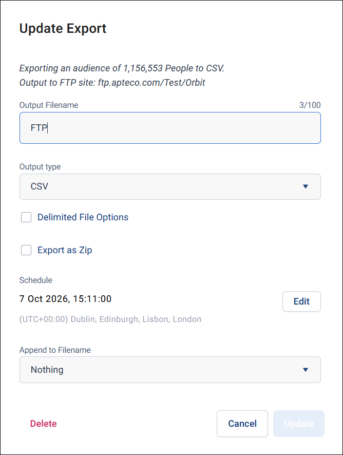 Update Export Update Export dialogue with Output Filename, Output type, Delimited File Options, Export as Zip, Schedule, and Append to Filename