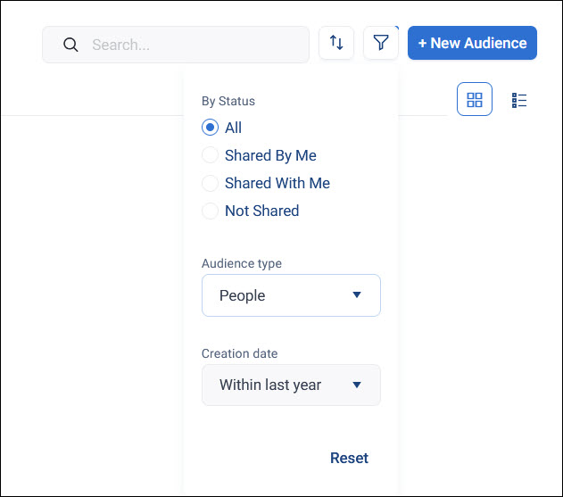 Filter audiences Filter dropdown showing By Status, Audience type, Creation date, and a Reset button