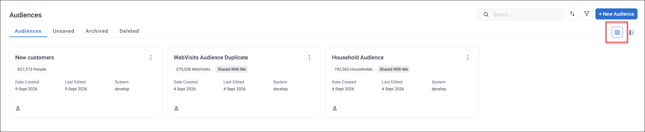 Grid view Audiences screen in grid view
