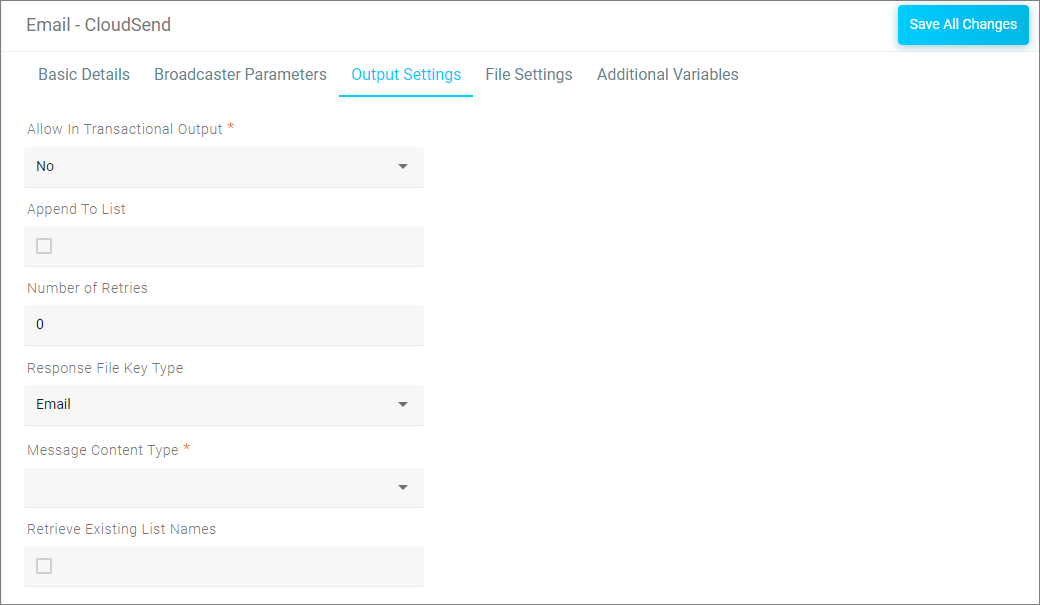 Channel editor - Output Settings blank