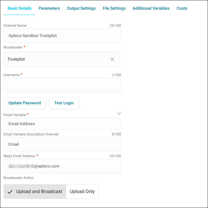 Basic details Basic Details tab with Broadcaster set to Trustpilot, Username, Update Password, Email Variable, Email Variable Description Override, and Reply Email Address