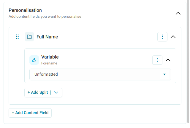 Campaign personalisation full name Personalisation section with a Full Name content field using the Forename variable