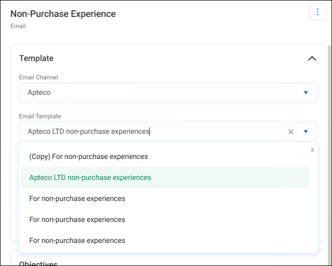 Campaign template product review Orbit message Template section with a Trustpilot email channel selected and the Email Template list open