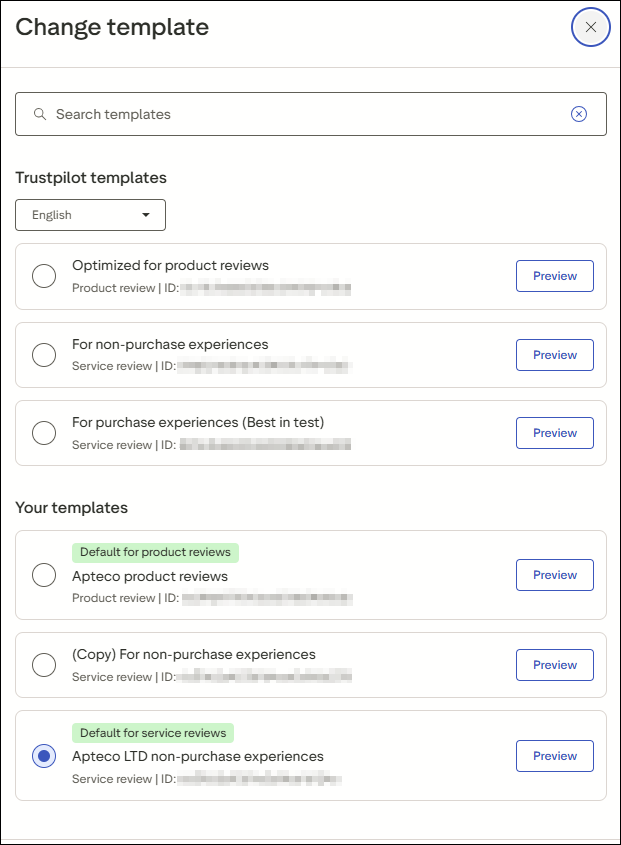 Change template list Trustpilot Change template list showing Trustpilot templates and your own templates, each labelled Service review or Product review