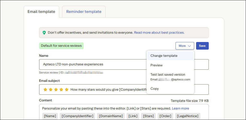 Change template menu Trustpilot template editor with the More menu open and Change template highlighted