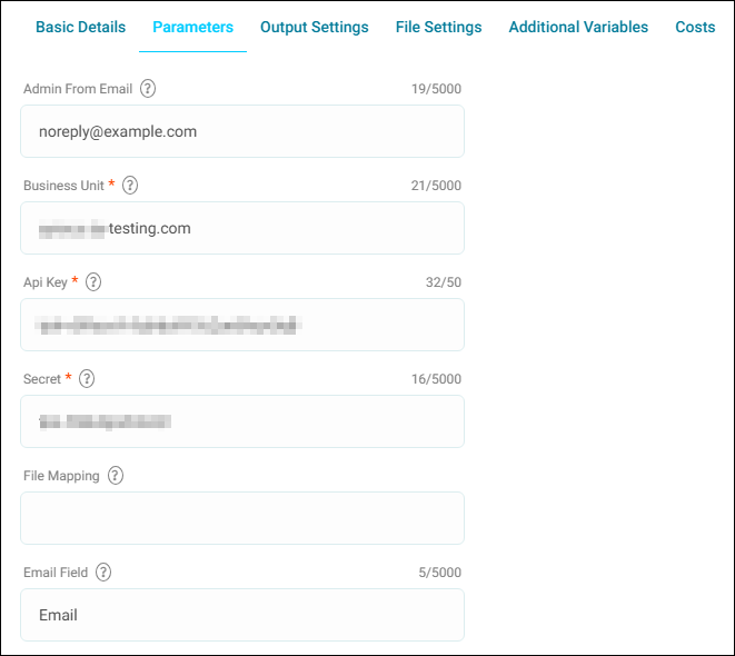 Parameters authentication Parameters tab showing Admin From Email, Business Unit, API key, Secret, File Mapping, and Email Field
