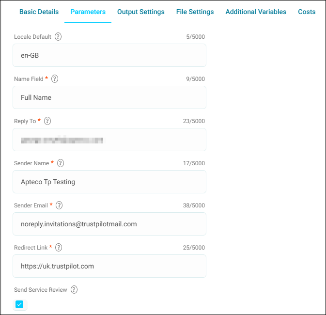 Parameters email settings Parameters tab showing Locale Default, Name Field, Reply To, Sender Name, Sender Email, Redirect Link, and Send Service Review