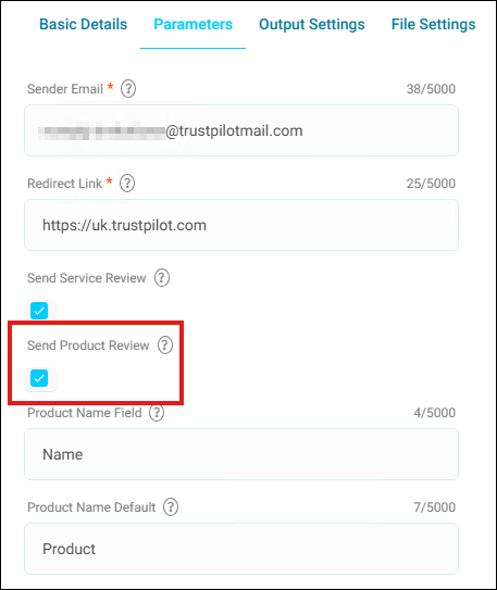 Parameters product review Send Product Review selected, revealing the Product Name Field and Product Name Default fields