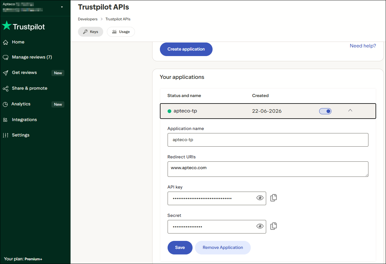 Trustpilot API key and secret Trustpilot APIs page with an application expanded, showing its name, redirect URIs, API key, and secret