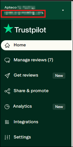 Trustpilot business unit Trustpilot left-hand navigation with the Business Unit highlighted at the top