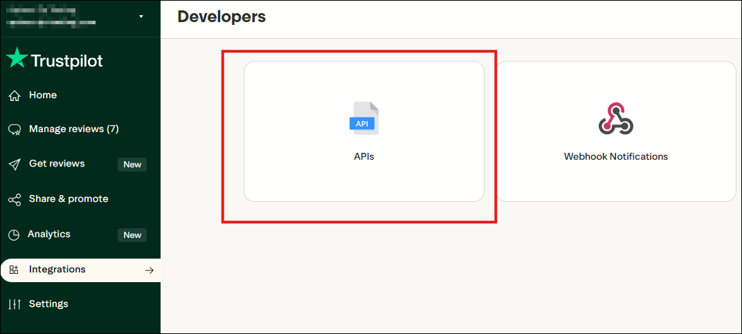 Trustpilot developers APIs Trustpilot Developers page with the APIs tile highlighted