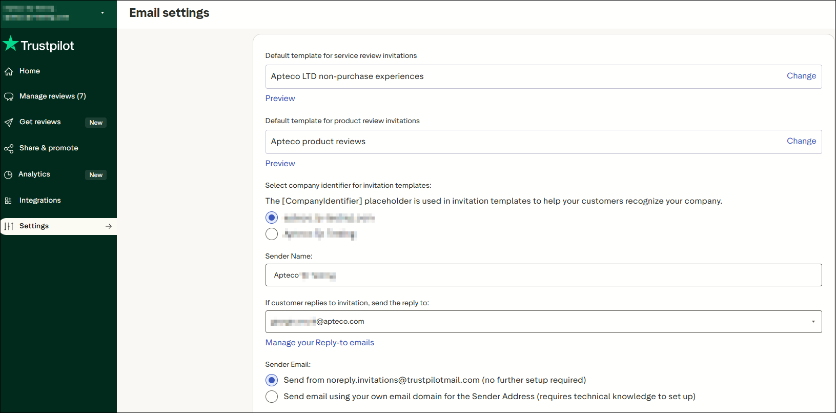 Trustpilot email settings Trustpilot Email settings page showing default templates, Sender Name, reply address, and Sender Email