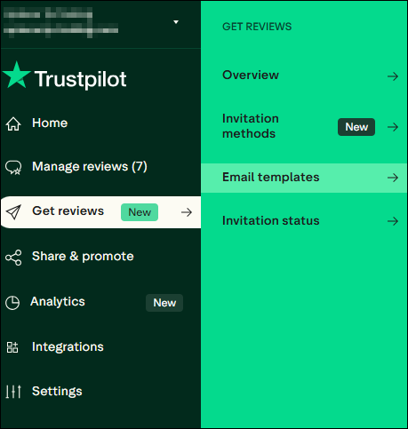 Trustpilot email templates menu Trustpilot Get reviews menu with Email templates highlighted