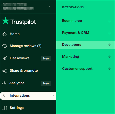 Trustpilot integrations menu Trustpilot Integrations menu with Developers highlighted