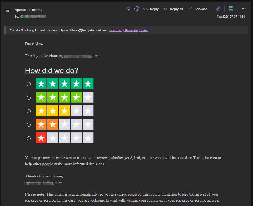 Trustpilot review email example Trustpilot invitation email asking the customer to rate their experience, with a five-row star-rating widget