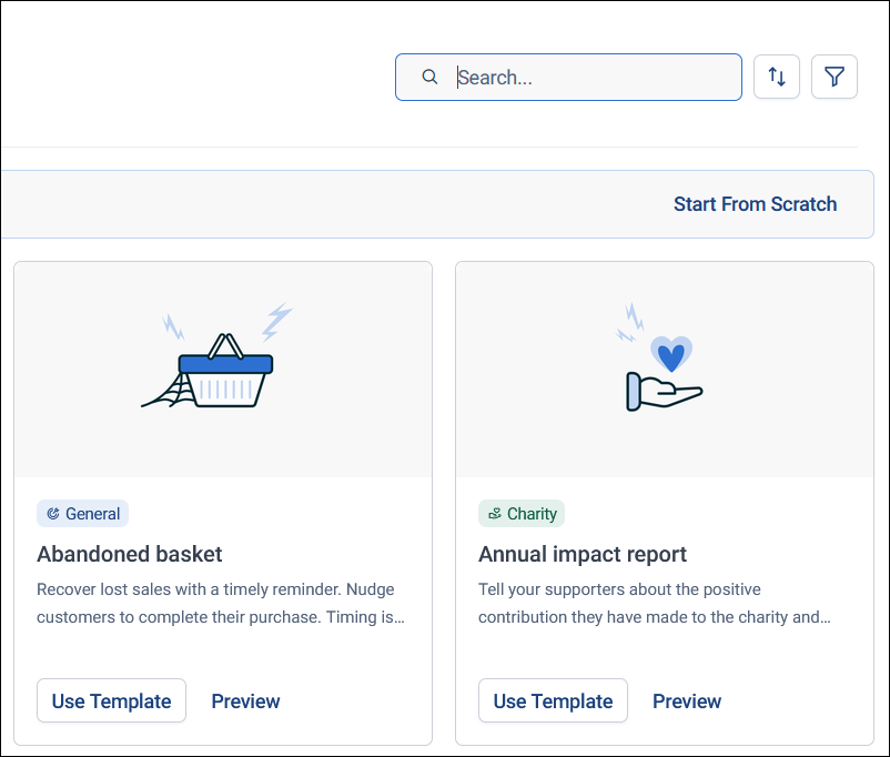 Journey templates New Campaign dialog showing a General and a Charity template tile, each with Use Template and Preview