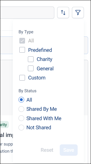 Template filters Template filter with By Type options All, Predefined, Charity, General, and Custom, and By Status options All, Shared By Me, Shared With Me, and Not Shared