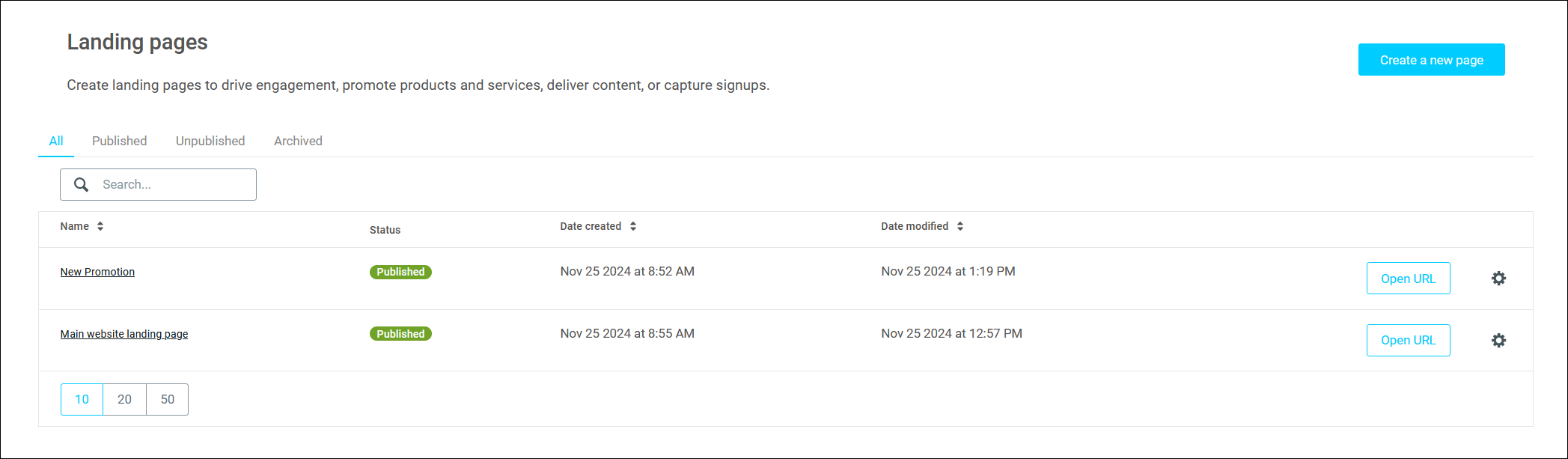 Landing page management