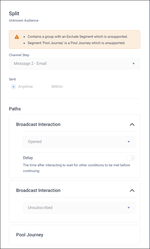 Side panel for an unsupported split, listing its unsupported reasons above its read-only configuration