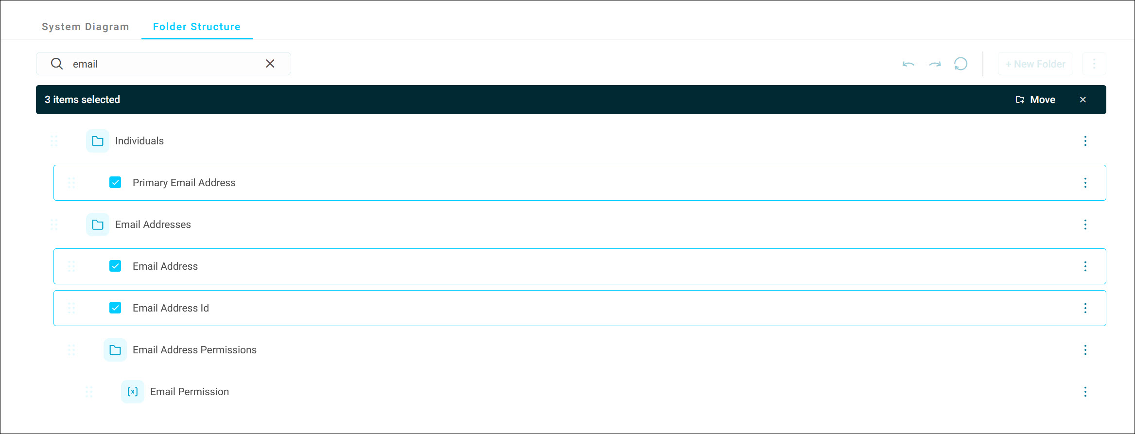 Selecting items from search results Search for email with three variables selected and the Move option in the selection bar