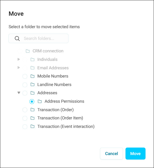 Move dialogue The Move dialogue, with the selected items' current folders greyed out and a subfolder chosen as the destination