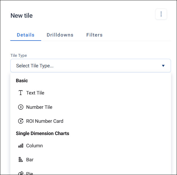 Tile Type dropdown New tile panel with the Tile Type dropdown open