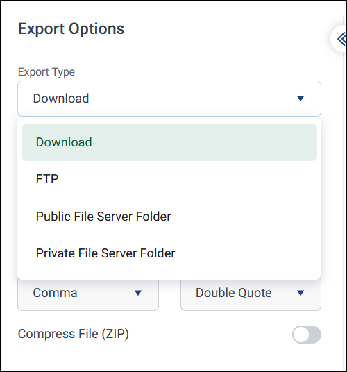 Export Options with the Export Type list open, showing Download, FTP, Public File Server Folder, and Private File Server Folder