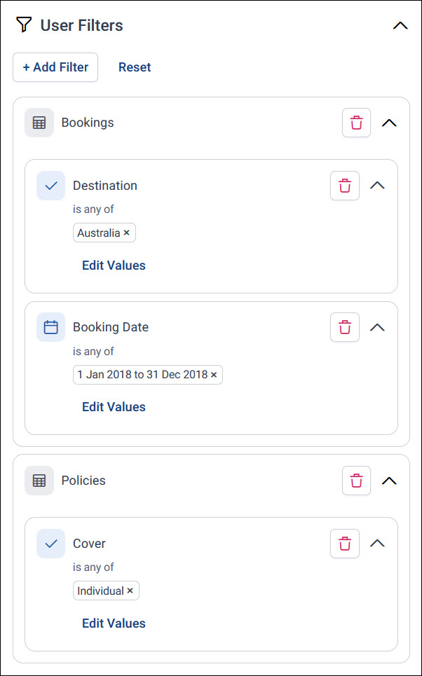 Filters grouped by table The User Filters panel with a Bookings block, holding Destination and Booking Date filters, and a separate Policies block holding a Cover filter