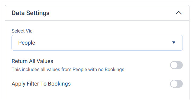 Return All Values Data Settings with Select Via set to People, showing the Return All Values and Apply Filter To Bookings toggles