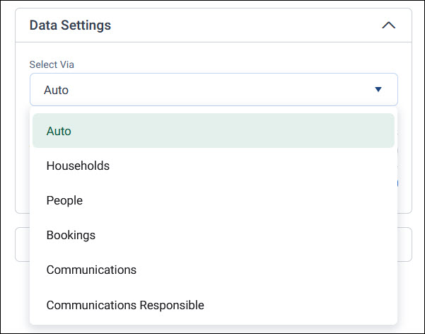Select Via The Select Via dropdown in Data Settings, listing Auto and the system's tables