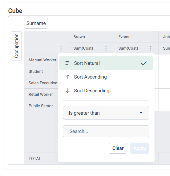 Cube column filter Column header menu in a cube, showing Sort Natural, Sort Ascending, Sort Descending, and the Is greater than comparison with a value field