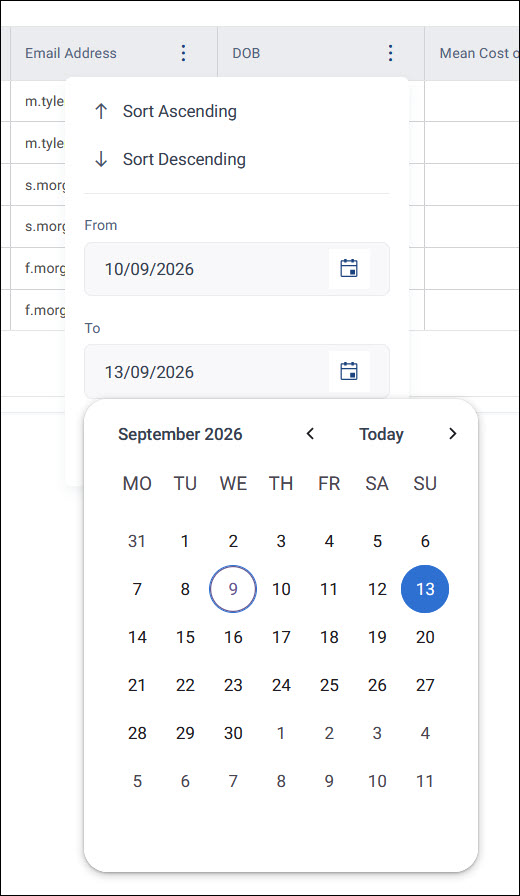 Date column filter Column header menu on a date column, showing a From and To date range picker