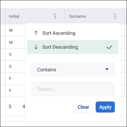 Text column filter Column header menu on a text column, showing Sort Ascending, Sort Descending, and a Contains filter with a search field