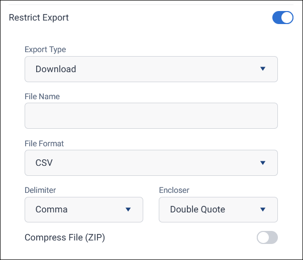 Restrict Export Restrict Export turned on in the tile editor, with Export Type set to Download and file details for a CSV file