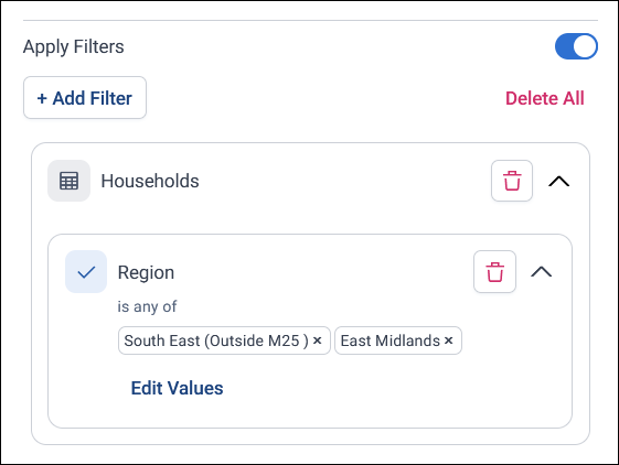 Apply Filters toggled on, with a Households filter on Region set to South East and East Midlands