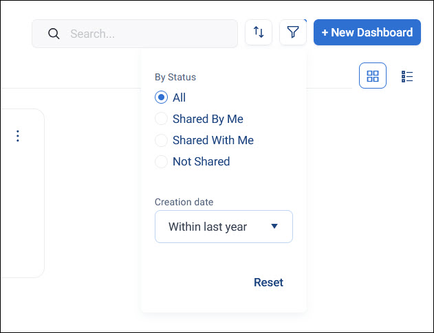 Filter dashboards Filter dropdown showing shared status options, a creation date range, and a Reset button