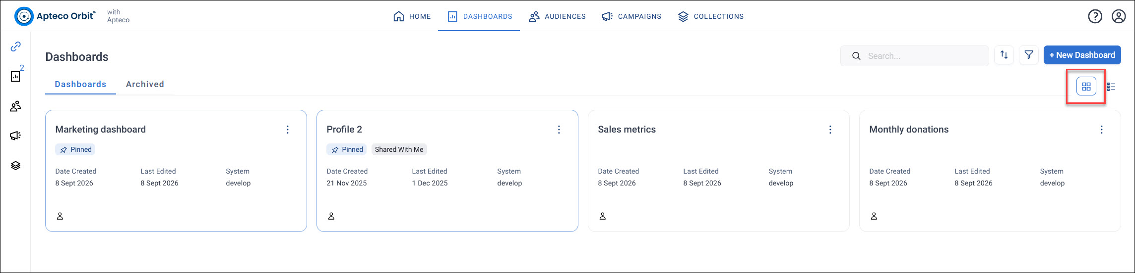 Grid view Dashboards screen in grid view