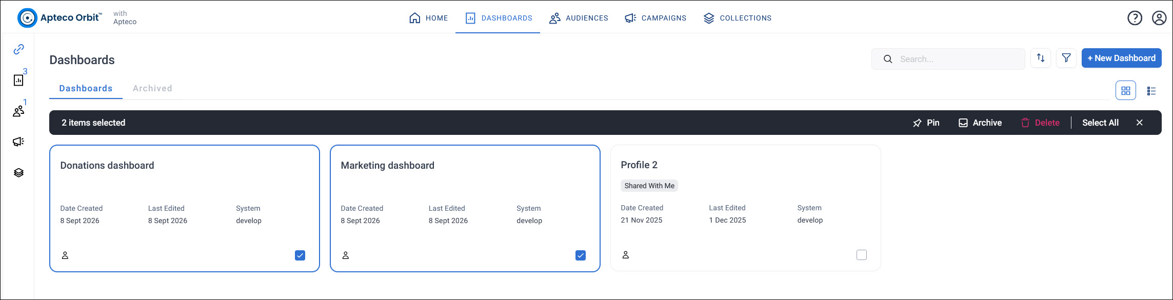 Multi-select mode Dashboards screen with two dashboards selected, showing the multi-select toolbar