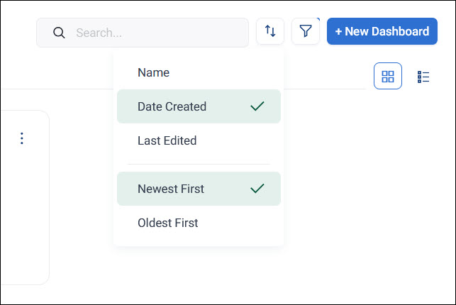 Sort dashboards Sort dropdown showing Name, Date Created, and Last Edited options, with Newest First and Oldest First direction options