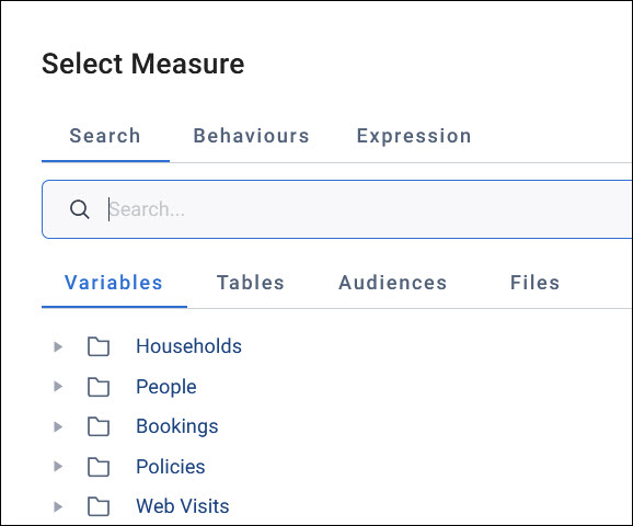 Data picker The data picker titled Select Measure, with the Search, Behaviours, and Expression tabs, and the Variables, Tables, Audiences, and Files tabs below the search box