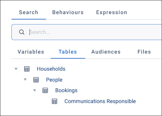 Tables tab The Tables tab in the data picker, showing Households, with People below it, Bookings below People, and Communications Responsible below Bookings