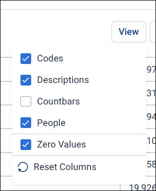 View menu The View menu open, with Codes, Descriptions, People, and Zero Values ticked, Countbars not ticked, and Reset Columns below