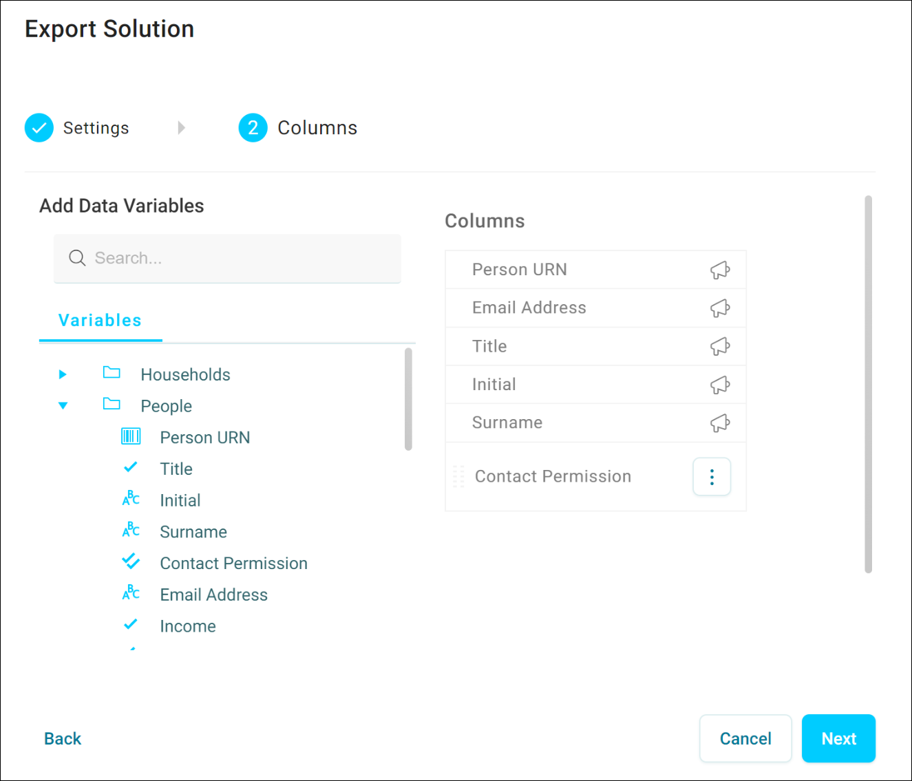 Export solution columns