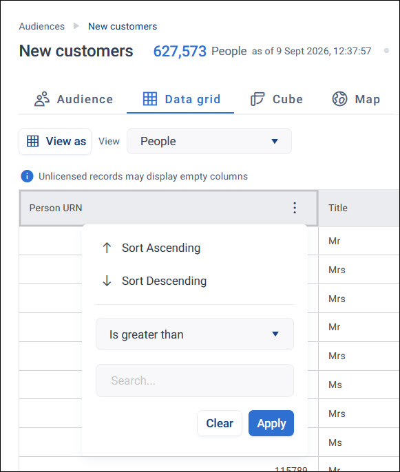 Column header menu on a data grid page, showing Sort Ascending, Sort Descending, and a numeric comparison filter